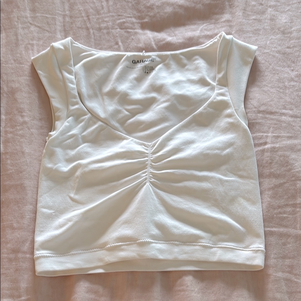 Garage White Ruched Crop Tank Top